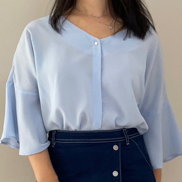 Baby Blue Flowy Button-up Blouse - Picture 3 of 9